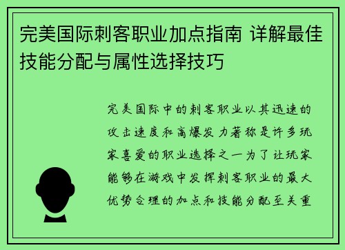 完美国际刺客职业加点指南 详解最佳技能分配与属性选择技巧